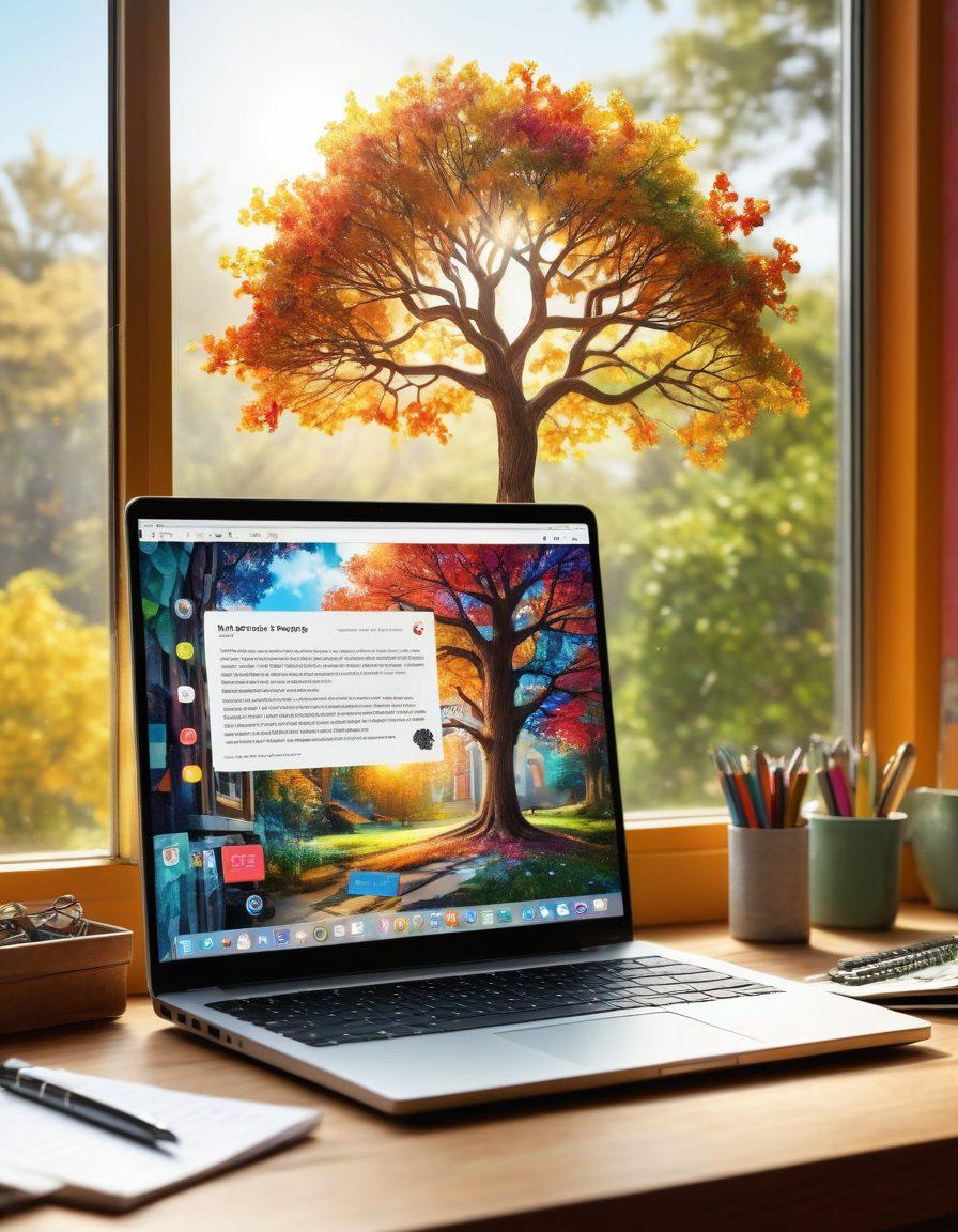 A visually striking collage showcasing a digital storytelling environment, featuring a laptop with vibrant graphs and creative visuals on the screen, surrounded by tools like a microphone, camera, and notepad. In the background, a whimsical tree made of colorful pixels and speech bubbles represents ideas flowing freely. Bright sunlight spills in through a window, symbolizing inspiration and growth. super-realistic. vibrant colors. 3D.
