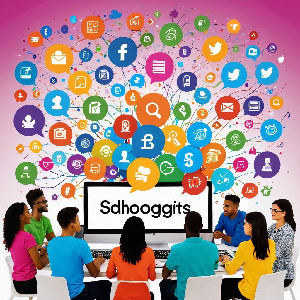 A dynamic scene depicting a diverse group of bloggers sharing ideas over laptops, with vibrant social media icons swirling around them, symbolizing audience engagement. In the background, colorful dollar signs and growth graphs represent monetization techniques. The atmosphere is energetic and collaborative, showcasing innovation and creativity. super-realistic. vibrant colors. white background.